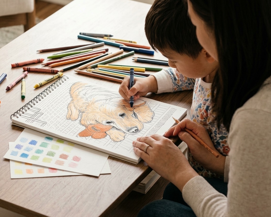 A parent and child coloring a Yours to Color book together at a coffee table